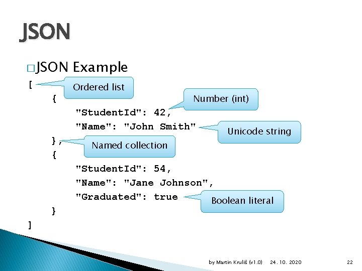 JSON � JSON Example [ Ordered list { Number (int) "Student. Id": 42, "Name":