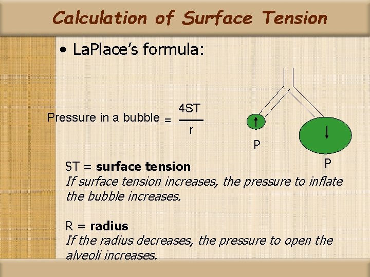 Calculation of Surface Tension • La. Place’s formula: Pressure in a bubble = 4