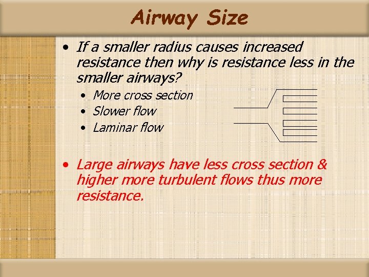 Airway Size • If a smaller radius causes increased resistance then why is resistance