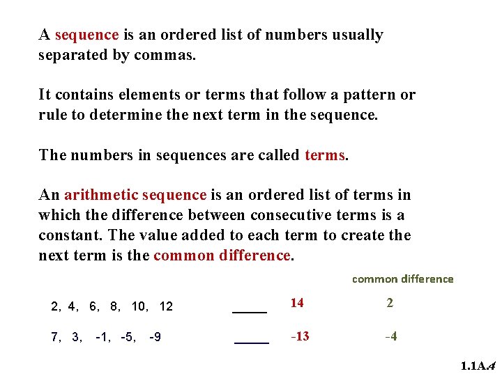 A sequence is an ordered list of numbers usually separated by commas. It contains