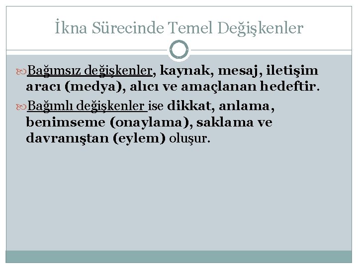 İkna Sürecinde Temel Değişkenler Bağımsız değişkenler, kaynak, mesaj, iletişim aracı (medya), alıcı ve amaçlanan