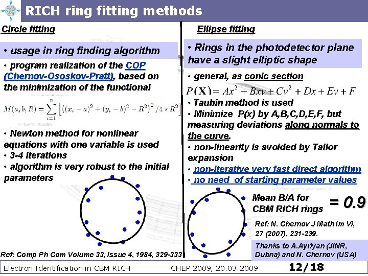 RICH ring fitting methods Circle fitting Ellipse fitting • Rings in the photodetector plane RICH ring fitting methods Circle fitting Ellipse fitting • Rings in the photodetector plane
