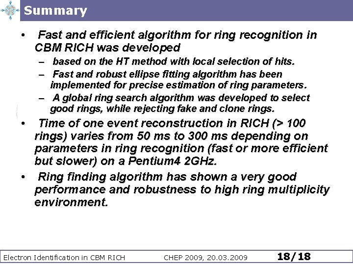 Summary • Fast and efficient algorithm for ring recognition in CBM RICH was developed Summary • Fast and efficient algorithm for ring recognition in CBM RICH was developed