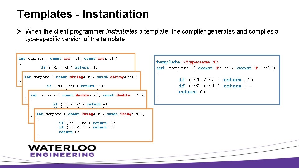 Templates - Instantiation Ø When the client programmer instantiates a template, the compiler generates