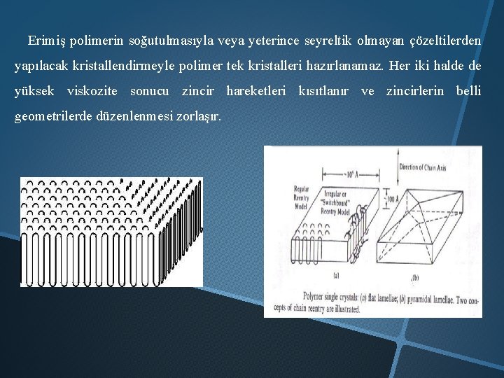 Erimiş polimerin soğutulmasıyla veya yeterince seyreltik olmayan çözeltilerden yapılacak kristallendirmeyle polimer tek kristalleri hazırlanamaz.