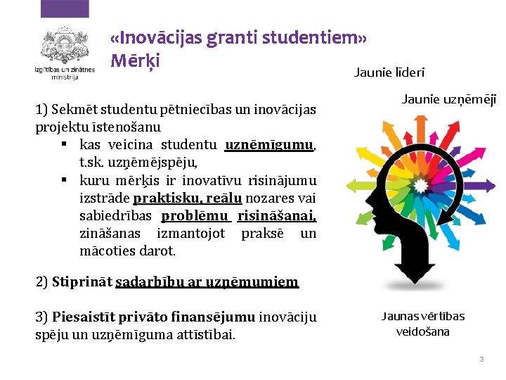  «Inovācijas granti studentiem» Mērķi Jaunie līderi 1) Sekmēt studentu pētniecības un inovācijas projektu