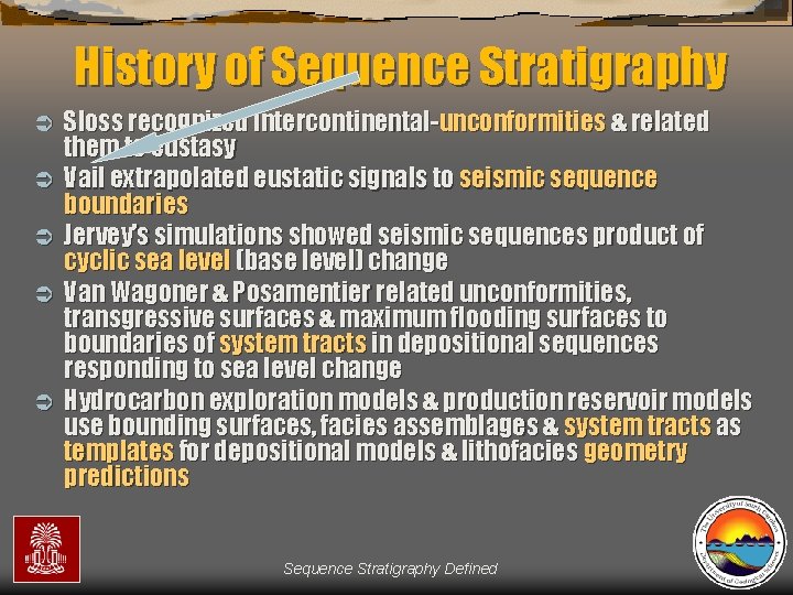 History of Sequence Stratigraphy Ü Ü Ü Sloss recognized intercontinental-unconformities & related them to