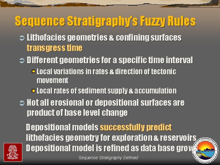Sequence Stratigraphy’s Fuzzy Rules Ü Lithofacies geometries & confining surfaces transgress time Ü Different