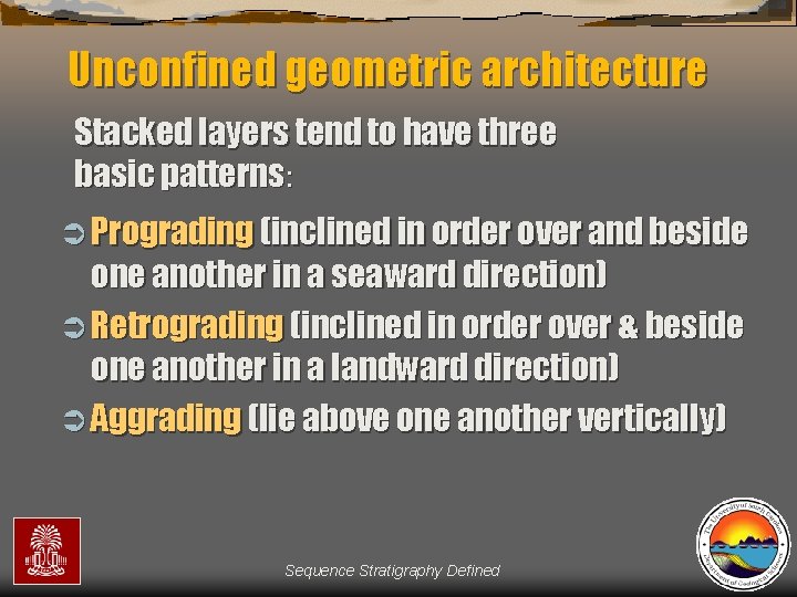 Unconfined geometric architecture Stacked layers tend to have three basic patterns: Ü Prograding (inclined