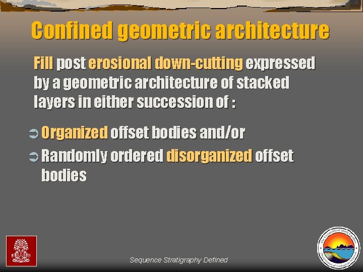 Confined geometric architecture Fill post erosional down-cutting expressed by a geometric architecture of stacked