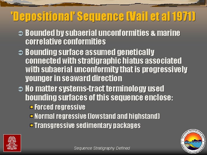 'Depositional' Sequence (Vail et al 1971) Ü Bounded by subaerial unconformities & marine correlative