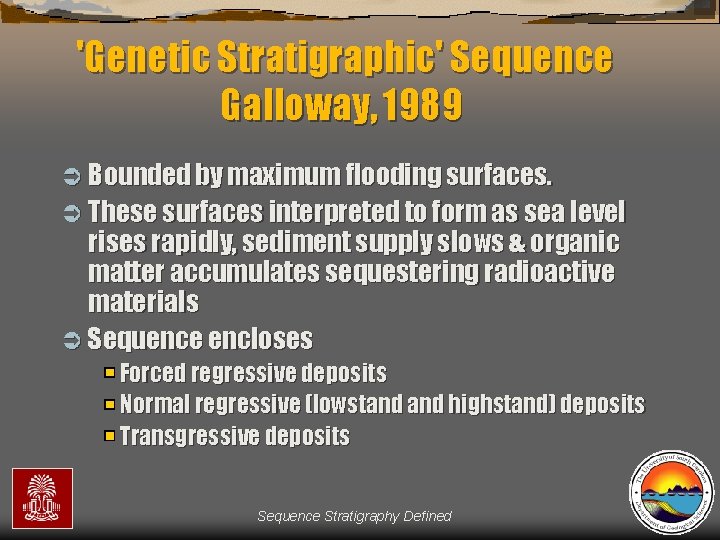 'Genetic Stratigraphic' Sequence Galloway, 1989 Ü Bounded by maximum flooding surfaces. Ü These surfaces