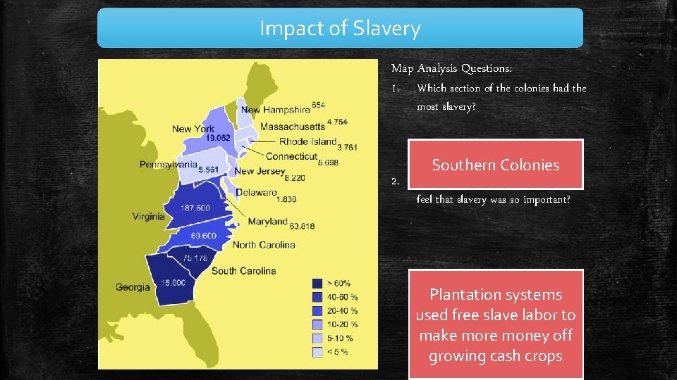 Impact of Slavery Map Analysis Questions: 1. 2. Which section of the colonies had