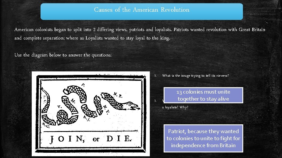 Causes of the American Revolution American colonists began to split into 2 differing views,