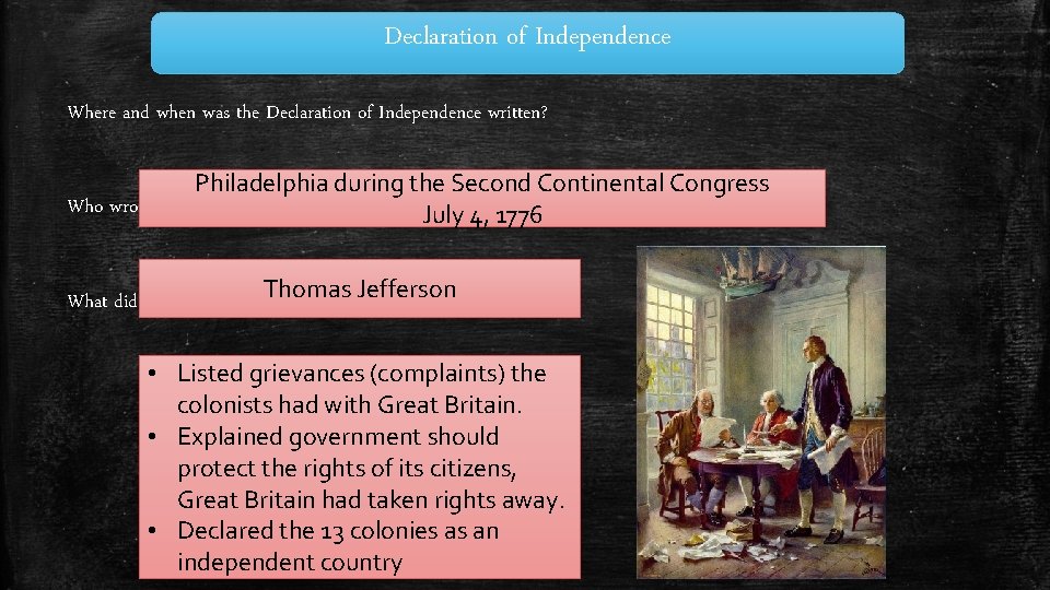 Declaration of Independence Where and when was the Declaration of Independence written? Philadelphia during