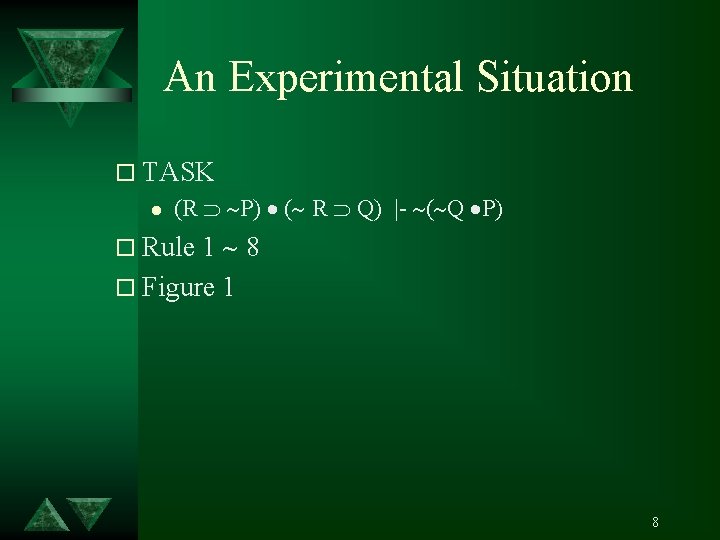 An Experimental Situation o TASK l (R P) ( R Q) |- ( Q
