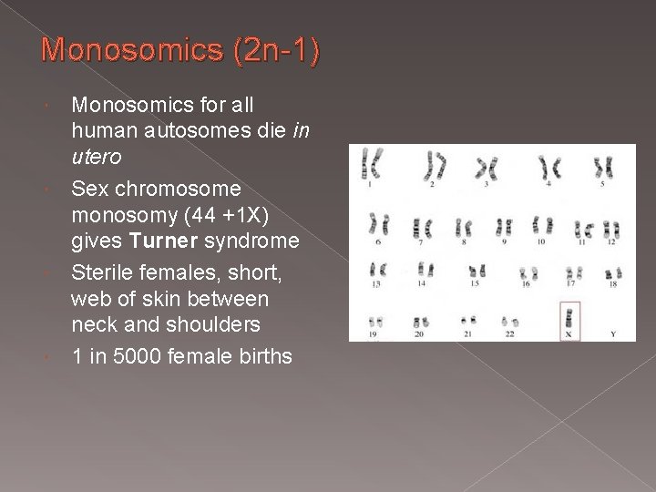 Monosomics (2 n-1) Monosomics for all human autosomes die in utero Sex chromosome monosomy