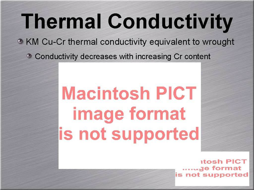 Thermal Conductivity KM Cu-Cr thermal conductivity equivalent to wrought Conductivity decreases with increasing Cr