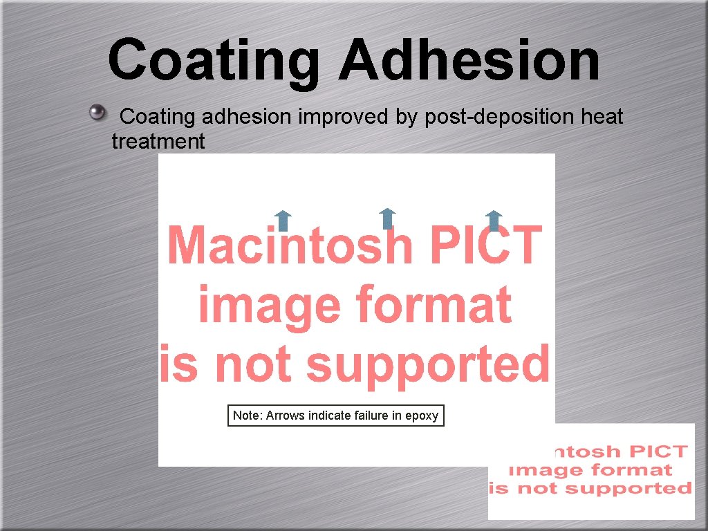 Coating Adhesion Coating adhesion improved by post-deposition heat treatment Note: Arrows indicate failure in