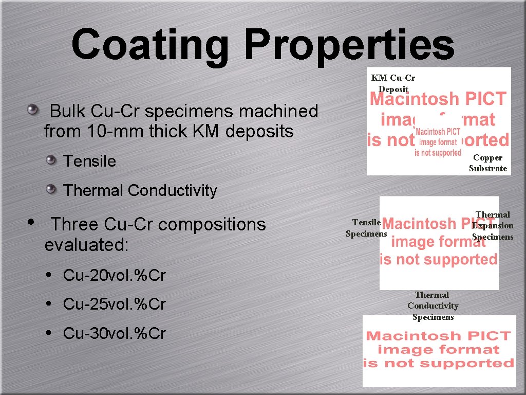 Coating Properties KM Cu-Cr Deposit Bulk Cu-Cr specimens machined from 10 -mm thick KM Coating Properties KM Cu-Cr Deposit Bulk Cu-Cr specimens machined from 10 -mm thick KM