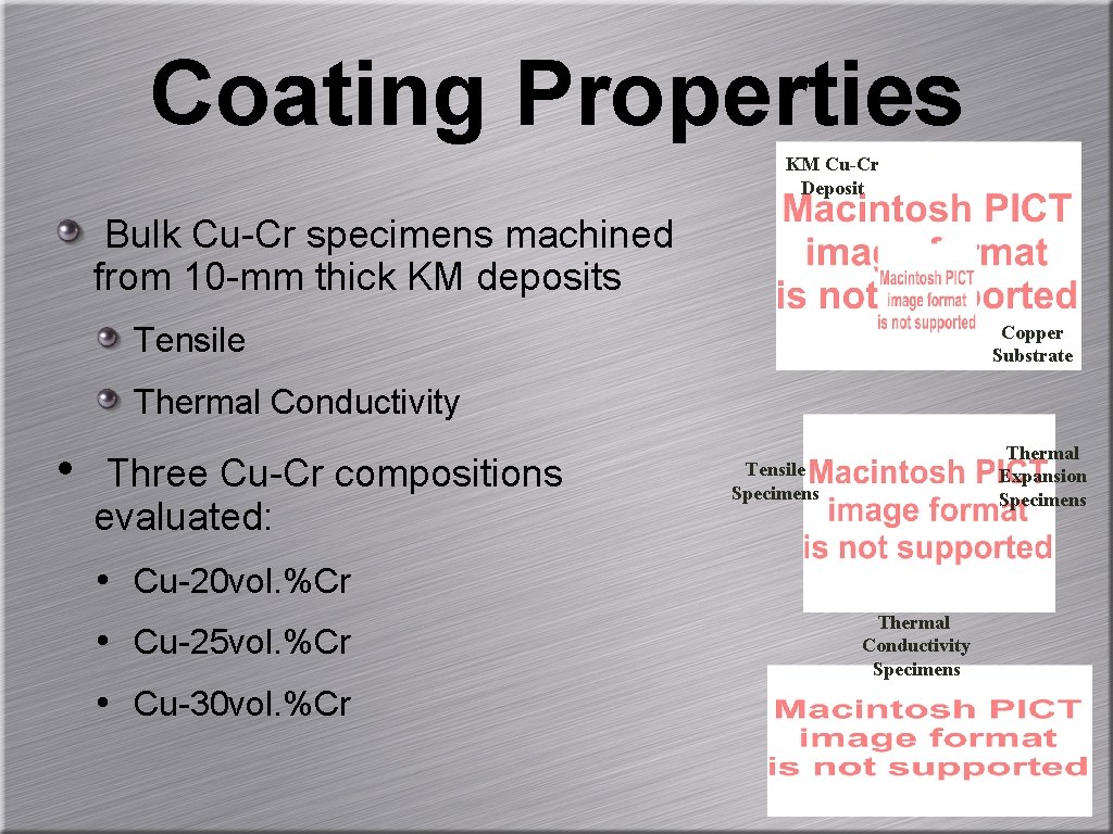 Coating Properties KM Cu-Cr Deposit Bulk Cu-Cr specimens machined from 10 -mm thick KM