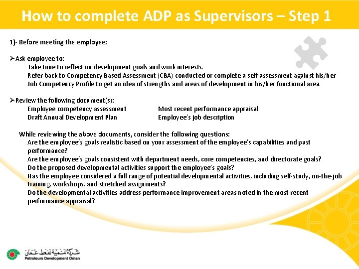 How to complete ADP as Supervisors – Step 1 1)- Before meeting the employee: