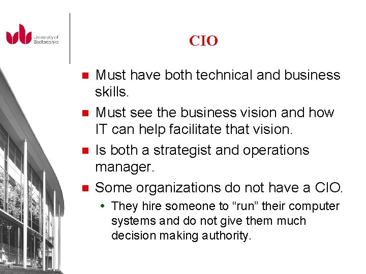 CIO n n Must have both technical and business skills. Must see the business
