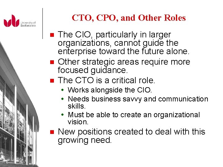 CTO, CPO, and Other Roles n n n The CIO, particularly in larger organizations,
