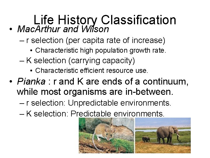 Life History Classification • Mac. Arthur and Wilson – r selection (per capita rate