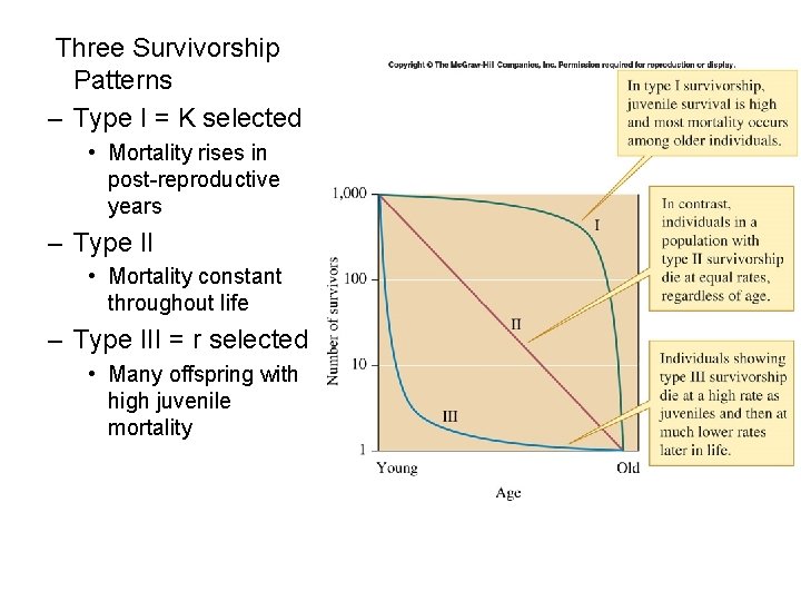 Three Survivorship Patterns – Type I = K selected • Mortality rises in post-reproductive