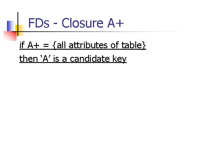 FDs - Closure A+ if A+ = {all attributes of table} then ‘A’ is
