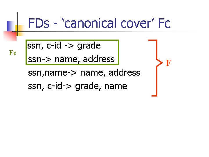 FDs - ‘canonical cover’ Fc Fc ssn, c-id -> grade ssn-> name, address ssn,