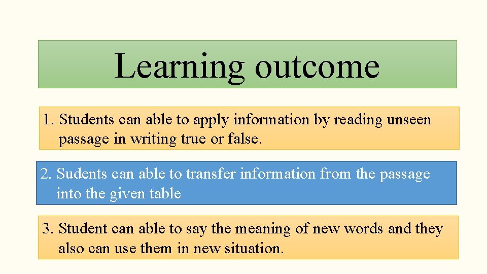 Learning outcome 1. Students can able to apply information by reading unseen passage in Learning outcome 1. Students can able to apply information by reading unseen passage in