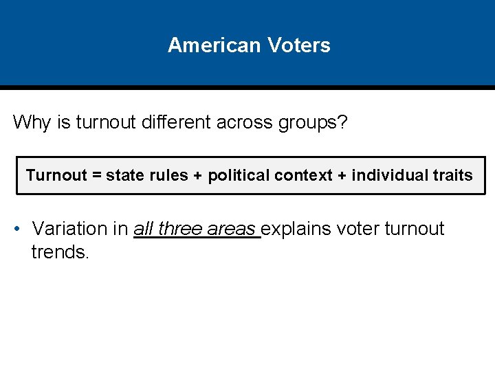 American Voters Why is turnout different across groups? Turnout = state rules + political