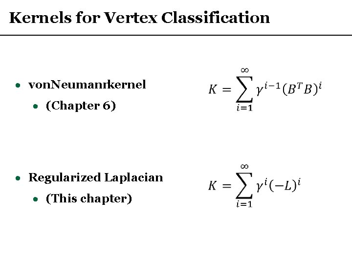 Kernels for Vertex Classification · von Neumann kernel · (Chapter 6) · Regularized Laplacian