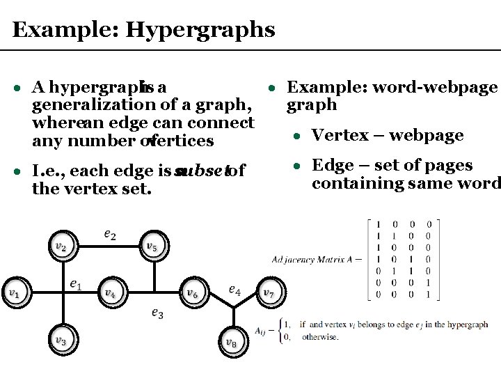 Example: Hypergraphs · A hypergraph is a · Example: word-webpage generalization of a graph,