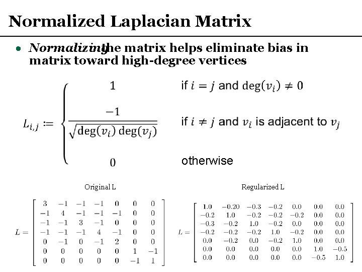 Normalized Laplacian Matrix · Normalizing the matrix helps eliminate bias in matrix toward high-degree