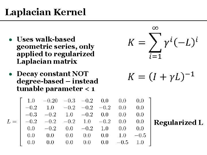 Laplacian Kernel · Uses walk-based geometric series, only applied to regularized Laplacian matrix ·