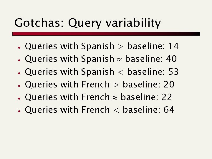 Gotchas: Query variability · · · Queries Queries with with Spanish > baseline: 14