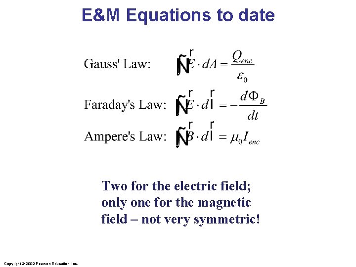 E&M Equations to date Two for the electric field; only one for the magnetic