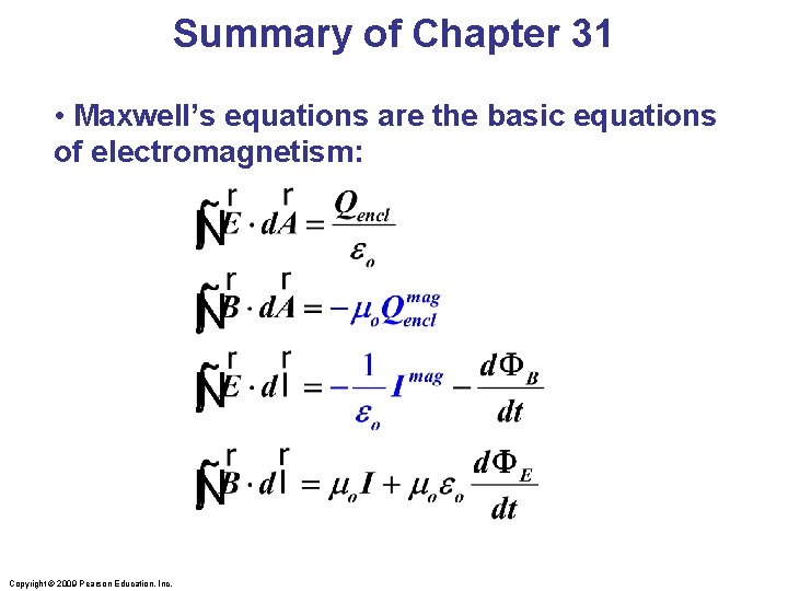 Summary of Chapter 31 • Maxwell’s equations are the basic equations of electromagnetism: Copyright