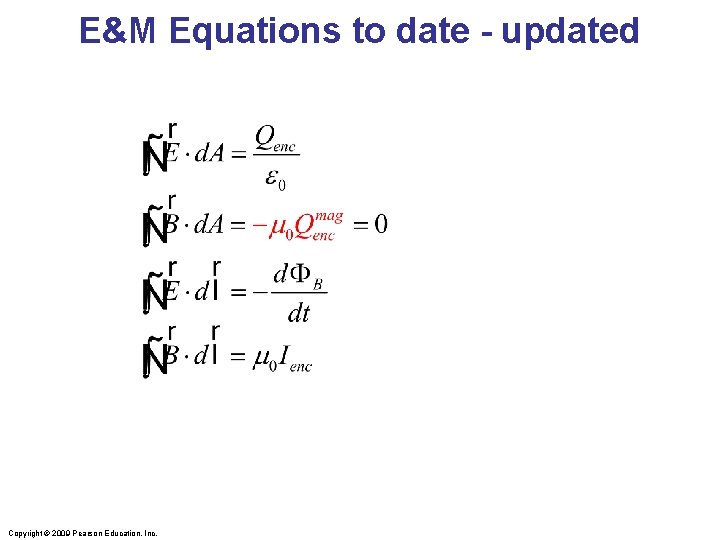 E&M Equations to date - updated Copyright © 2009 Pearson Education, Inc. 
