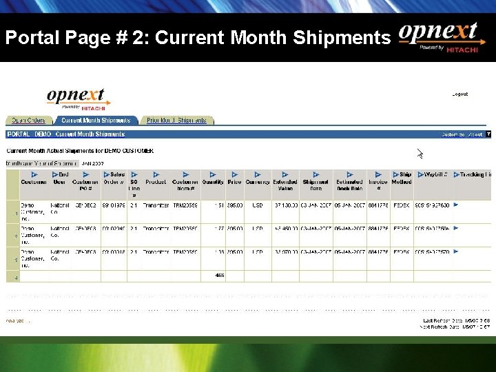 Portal Page # 2: Current Month Shipments 