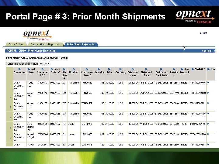 Portal Page # 3: Prior Month Shipments 