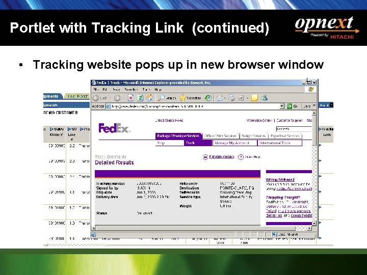 Portlet with Tracking Link (continued) • Tracking website pops up in new browser window