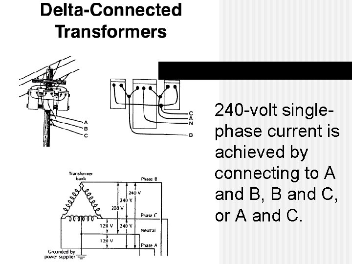 240 -volt singlephase current is achieved by connecting to A and B, B and