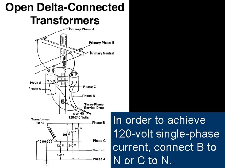 In order to achieve 120 -volt single-phase current, connect B to N or C