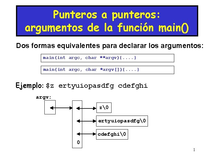 Punteros a punteros: argumentos de la función main() Dos formas equivalentes para declarar los