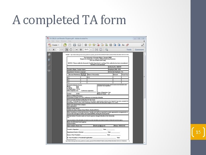 A completed TA form 15 