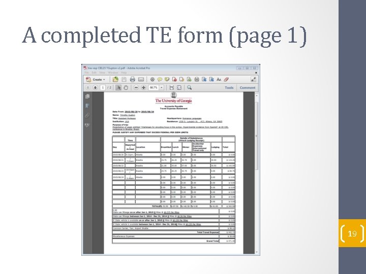 A completed TE form (page 1) 19 